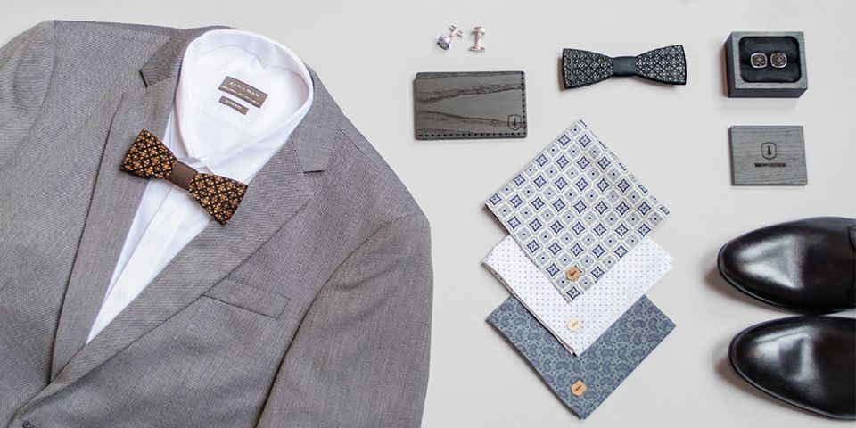 BeWooden - Koláž produktů kapesníčky do saka Deco square Dots square vizitkovník Tenebra note dřevěný motýlek taurum a manžetové knoflíčky