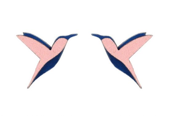 Dřevěné náušnice Pink Hummingbird Earrings
