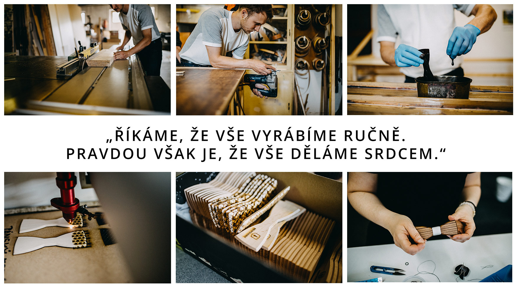 Koláž ukazující procesy výroby různých dřevěných doplňků od BeWooden